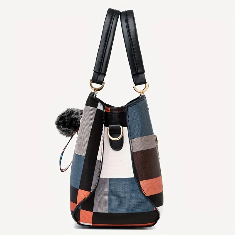 realaiot  Plaid Pattern Handbag, Pompom Decor Crossbody Bag, Women's Top Handle Purses For Work