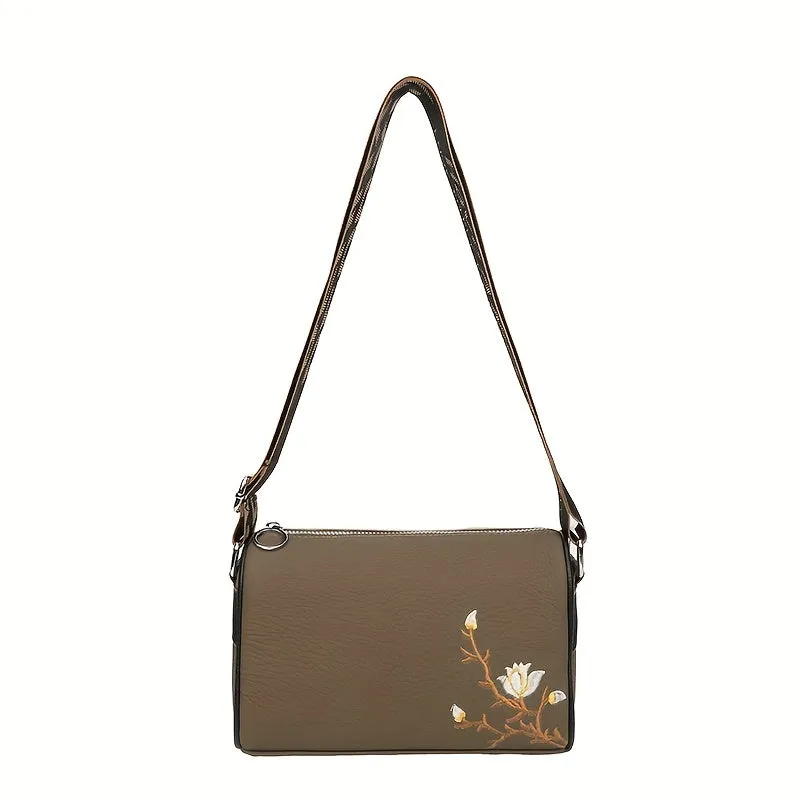 realaiot  Retro Embroidered Flower Purses, Wide Strap Crossbody Bag, Women's PU Leather Boston Bag