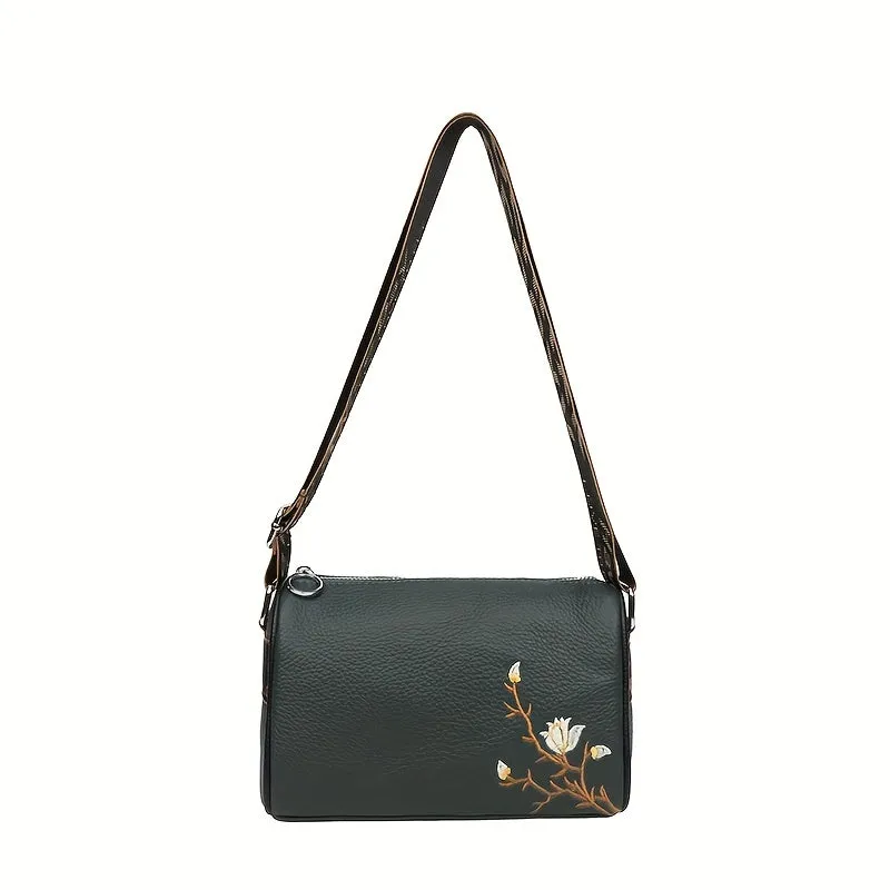 realaiot  Retro Embroidered Flower Purses, Wide Strap Crossbody Bag, Women's PU Leather Boston Bag