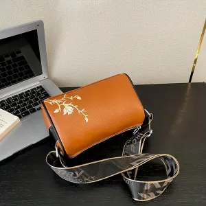 realaiot  Retro Embroidered Flower Purses, Wide Strap Crossbody Bag, Women's PU Leather Boston Bag
