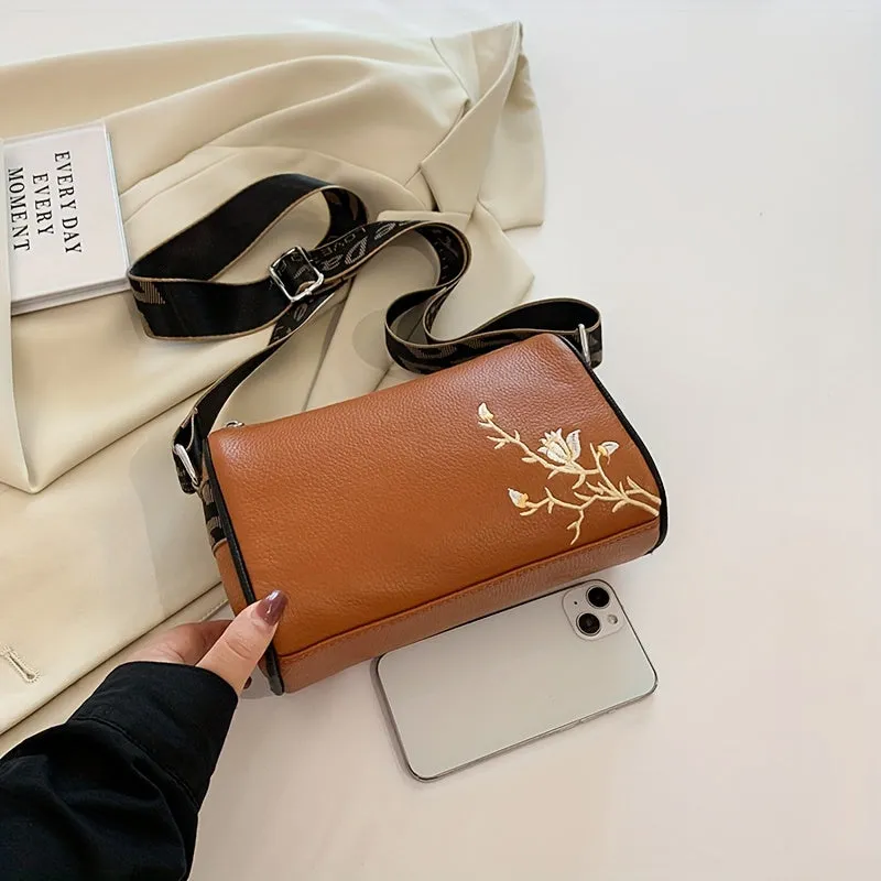 realaiot  Retro Embroidered Flower Purses, Wide Strap Crossbody Bag, Women's PU Leather Boston Bag