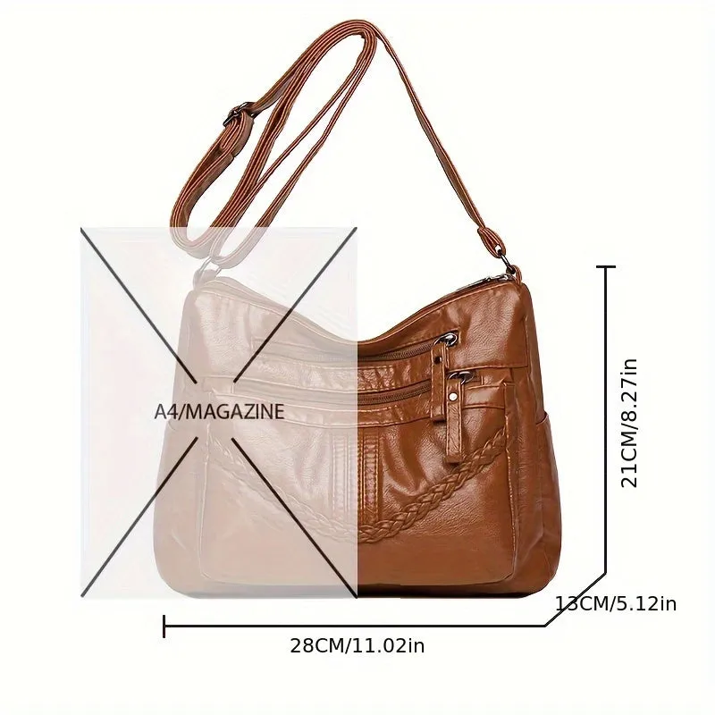 realaiot  Soft PU Leather Crossbody Bag, Retro Style Shoulder Bag, Women's Multi Pockets Purses For Daily Use