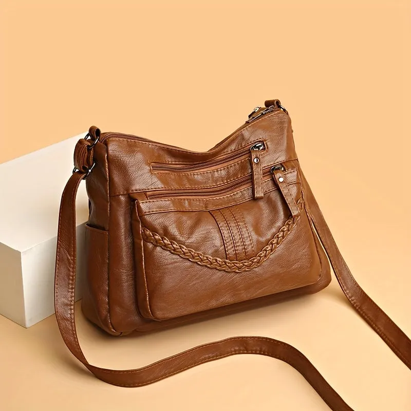 realaiot  Soft PU Leather Crossbody Bag, Retro Style Shoulder Bag, Women's Multi Pockets Purses For Daily Use
