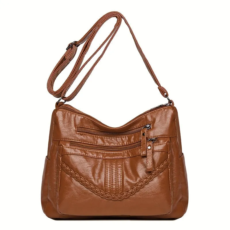 realaiot  Soft PU Leather Crossbody Bag, Retro Style Shoulder Bag, Women's Multi Pockets Purses For Daily Use