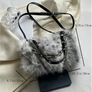 realaiot Y2K Plush Hobo Bag For Women, Trendy Chain Crossbody Bag, Fluffy Handbag & Purses