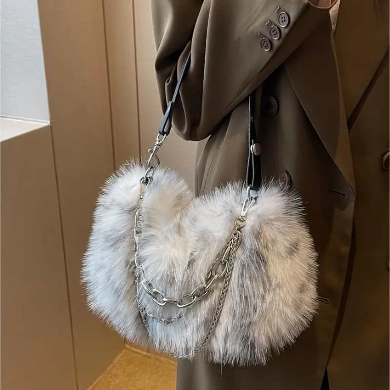 realaiot Y2K Plush Hobo Bag For Women, Trendy Chain Crossbody Bag, Fluffy Handbag & Purses