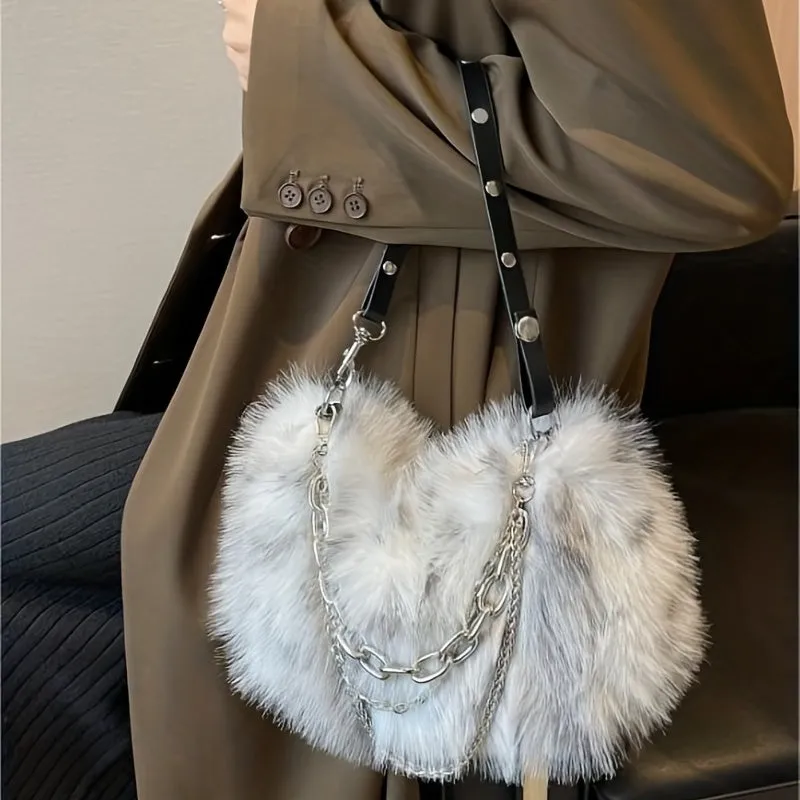 realaiot Y2K Plush Hobo Bag For Women, Trendy Chain Crossbody Bag, Fluffy Handbag & Purses