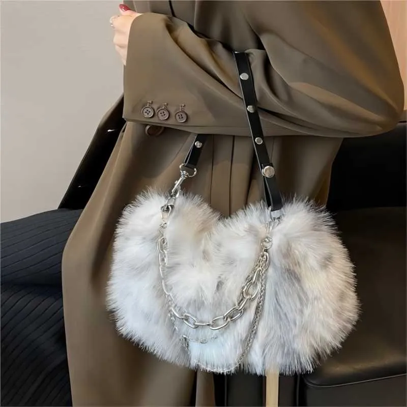 realaiot Y2K Plush Hobo Bag For Women, Trendy Chain Crossbody Bag, Fluffy Handbag & Purses