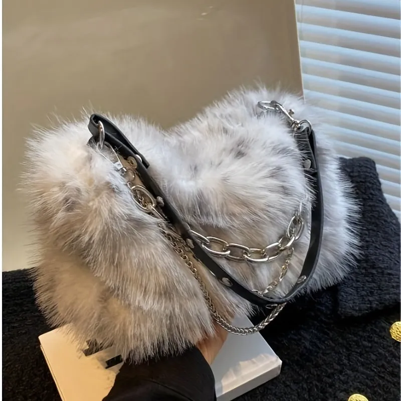 realaiot Y2K Plush Hobo Bag For Women, Trendy Chain Crossbody Bag, Fluffy Handbag & Purses