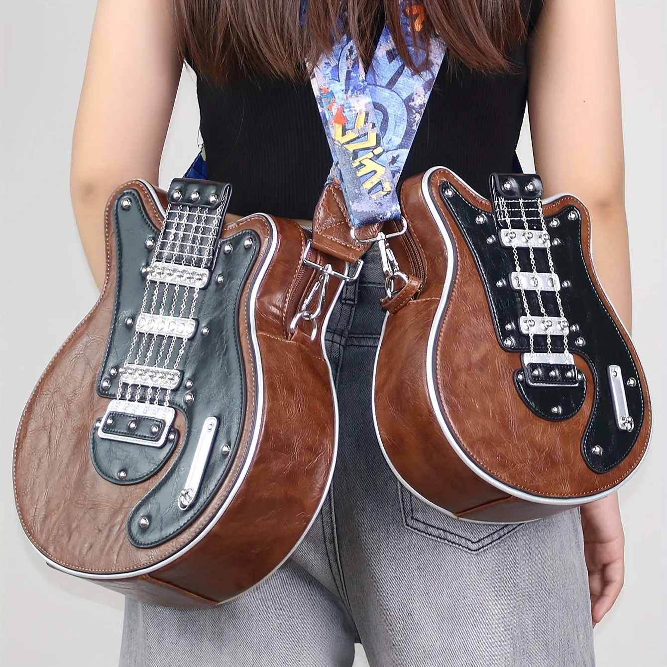 Retro fashion guitar-shaped crossbody bag - Y2K style design,  wide adjustable shoulder strap