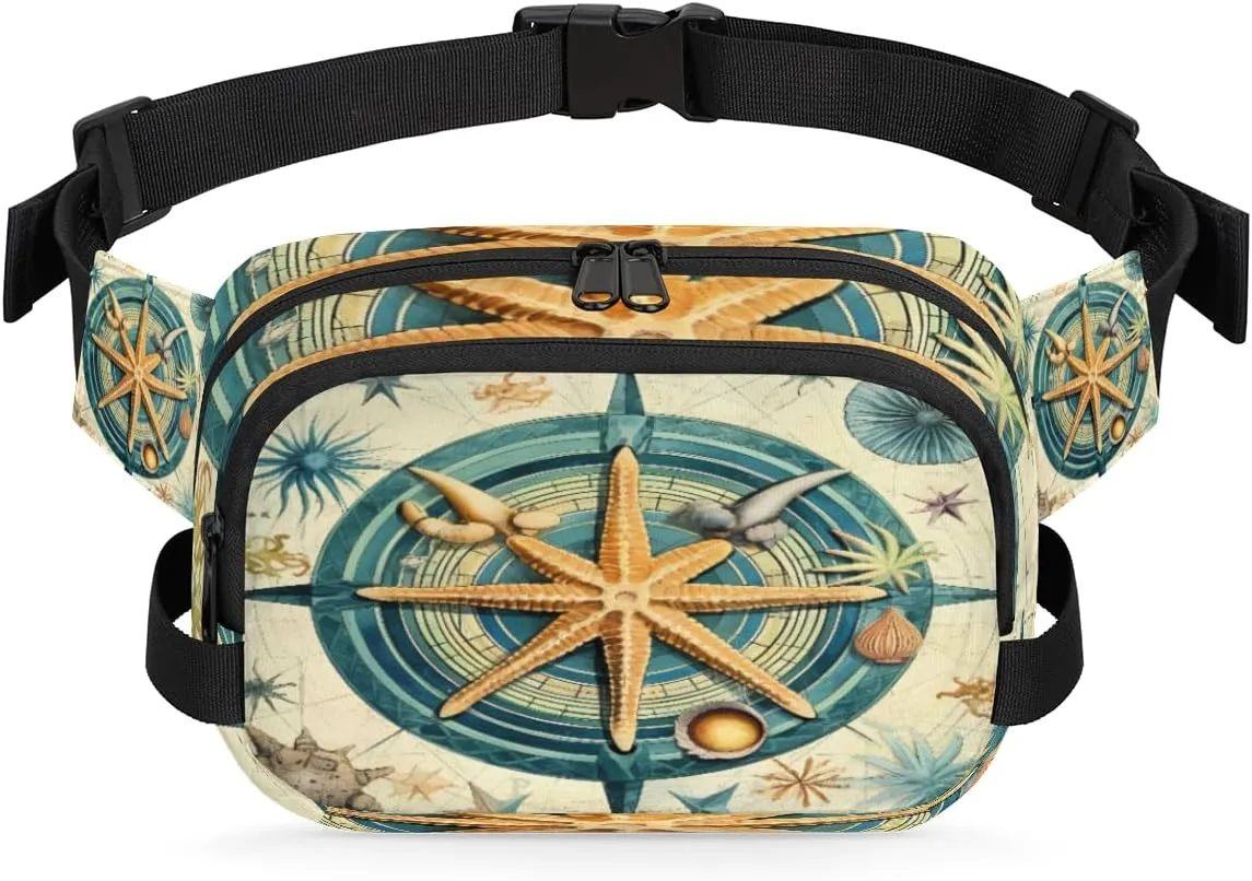 Retro Starfish Compass Seashell Waist Packs for Women Men, Waterproof Hiking Fanny Packs, Crossbody Waist Bag with Adjustable Strap, Waist Pouch for Travel Running