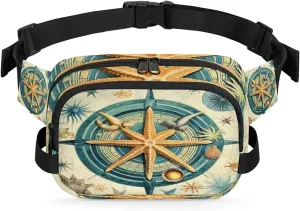 Retro Starfish Compass Seashell Waist Packs for Women Men, Waterproof Hiking Fanny Packs, Crossbody Waist Bag with Adjustable Strap, Waist Pouch for Travel Running
