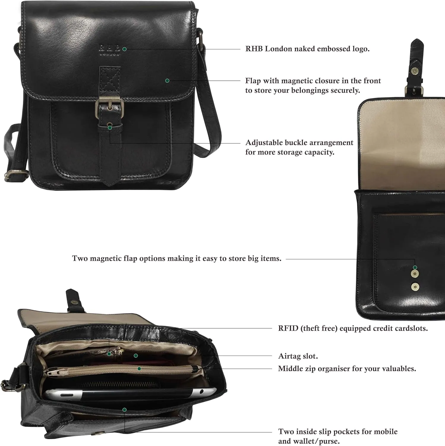 RHB Leather Crossbody Bag for Women - Sturdy Vintage Messenger Bag for Men with Adjustable Flap Fits IPad 11 inches