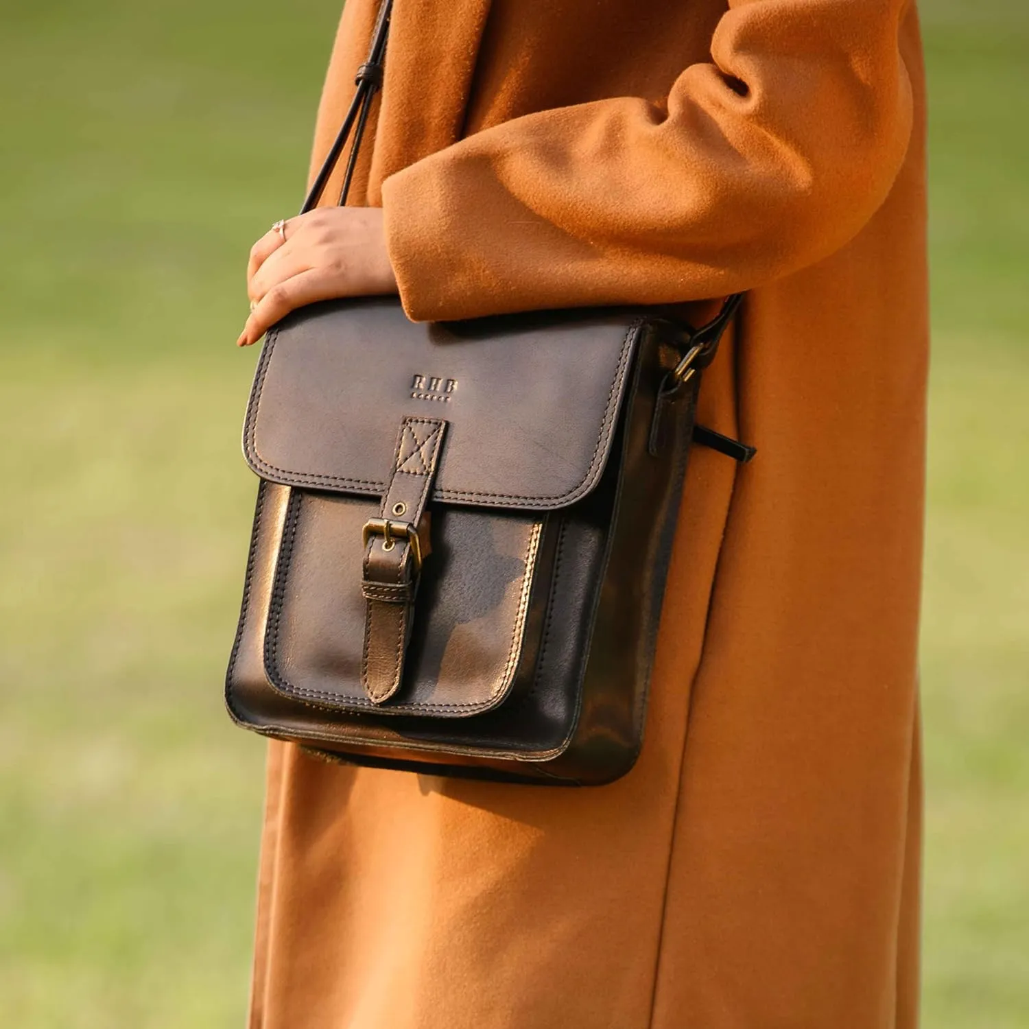 RHB Leather Crossbody Bag for Women - Sturdy Vintage Messenger Bag for Men with Adjustable Flap Fits IPad 11 inches