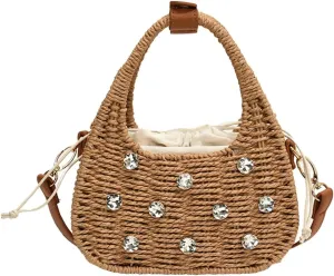 Rhinestone Handbag for Women Straw Shoulder Bag Summer Beach Vacation Woven Crossbody Bag Trendy Hobo Bag 2025