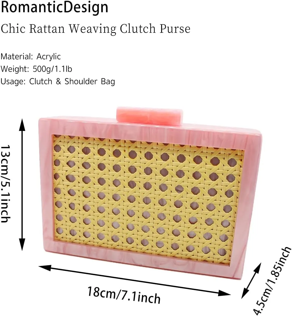 RomanticDesign Women Acrylic Handbag Rattan Woven Pattern Square Box Crossbody Handbag Shoulder Bag Chain Purse
