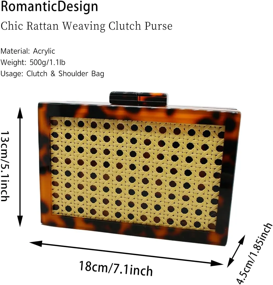 RomanticDesign Women Acrylic Handbag Rattan Woven Pattern Square Box Crossbody Handbag Shoulder Bag Chain Purse