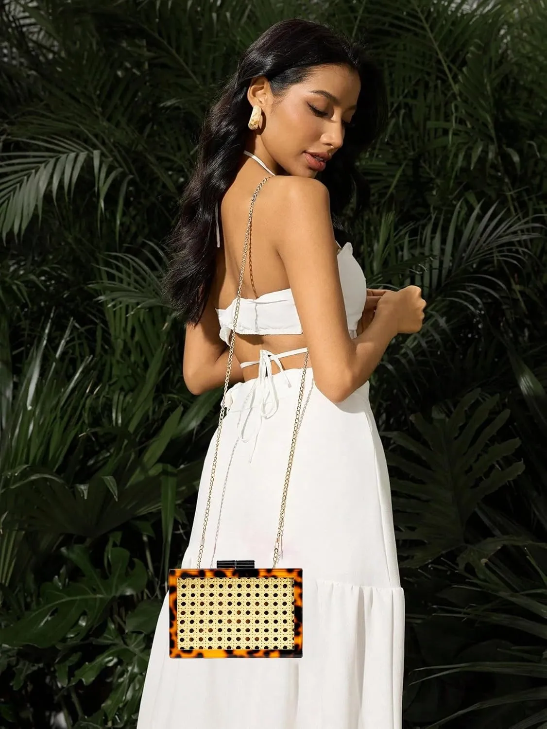 RomanticDesign Women Acrylic Handbag Rattan Woven Pattern Square Box Crossbody Handbag Shoulder Bag Chain Purse