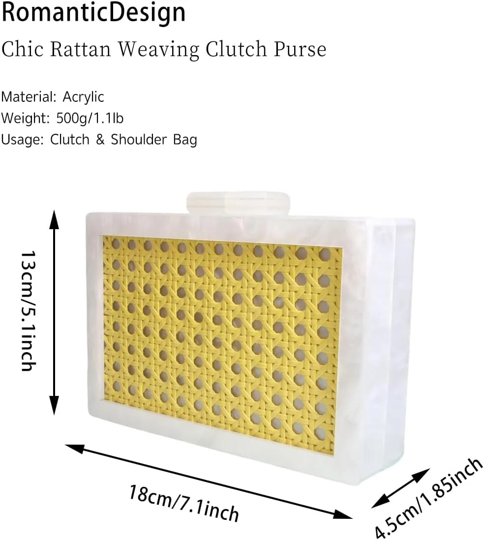 RomanticDesign Women Acrylic Handbag Rattan Woven Pattern Square Box Crossbody Handbag Shoulder Bag Chain Purse