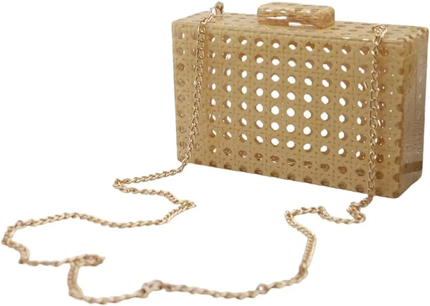 RomanticDesign Women Acrylic Handbag Rattan Woven Pattern Square Box Crossbody Handbag Shoulder Bag Chain Purse