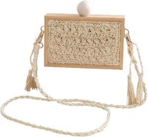 RomanticDesign Women Straw Crossbody Bag Woven Shoulder Purse Wooden Bead Box Bag Summer Beach Handbag for Vacation