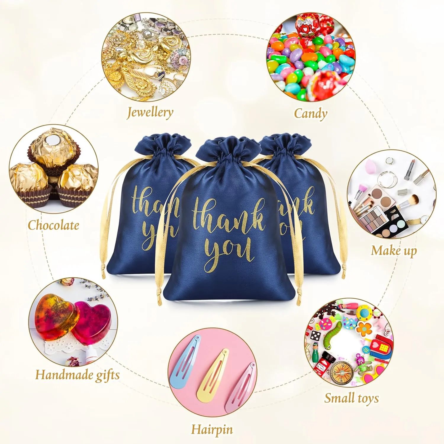 Roowest 100 Pcs Thank You Satin Gift Bags Drawstring Jewelry Candy Pouches for Wedding Bridal Shower Baby Shower Favor Drawstring Bag for Birthday Holiday Party(4 x 6 Inch,Navy Blue)