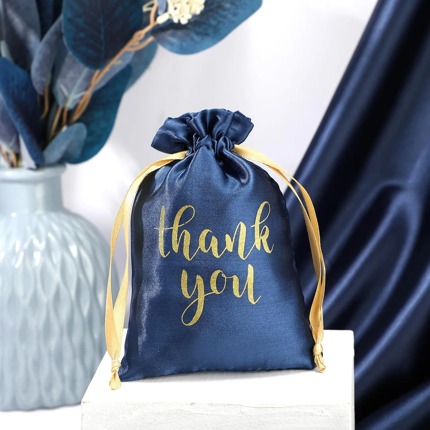 Roowest 100 Pcs Thank You Satin Gift Bags Drawstring Jewelry Candy Pouches for Wedding Bridal Shower Baby Shower Favor Drawstring Bag for Birthday Holiday Party(4 x 6 Inch,Navy Blue)