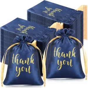 Roowest 100 Pcs Thank You Satin Gift Bags Drawstring Jewelry Candy Pouches for Wedding Bridal Shower Baby Shower Favor Drawstring Bag for Birthday Holiday Party(4 x 6 Inch,Navy Blue)
