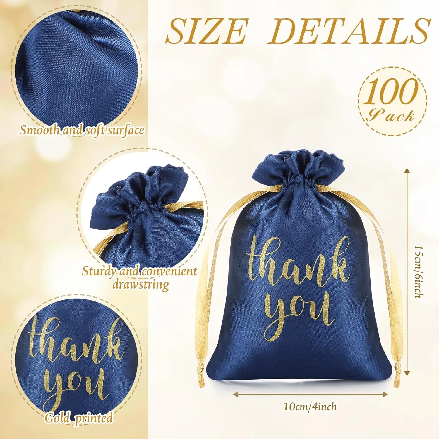Roowest 100 Pcs Thank You Satin Gift Bags Drawstring Jewelry Candy Pouches for Wedding Bridal Shower Baby Shower Favor Drawstring Bag for Birthday Holiday Party(4 x 6 Inch,Navy Blue)