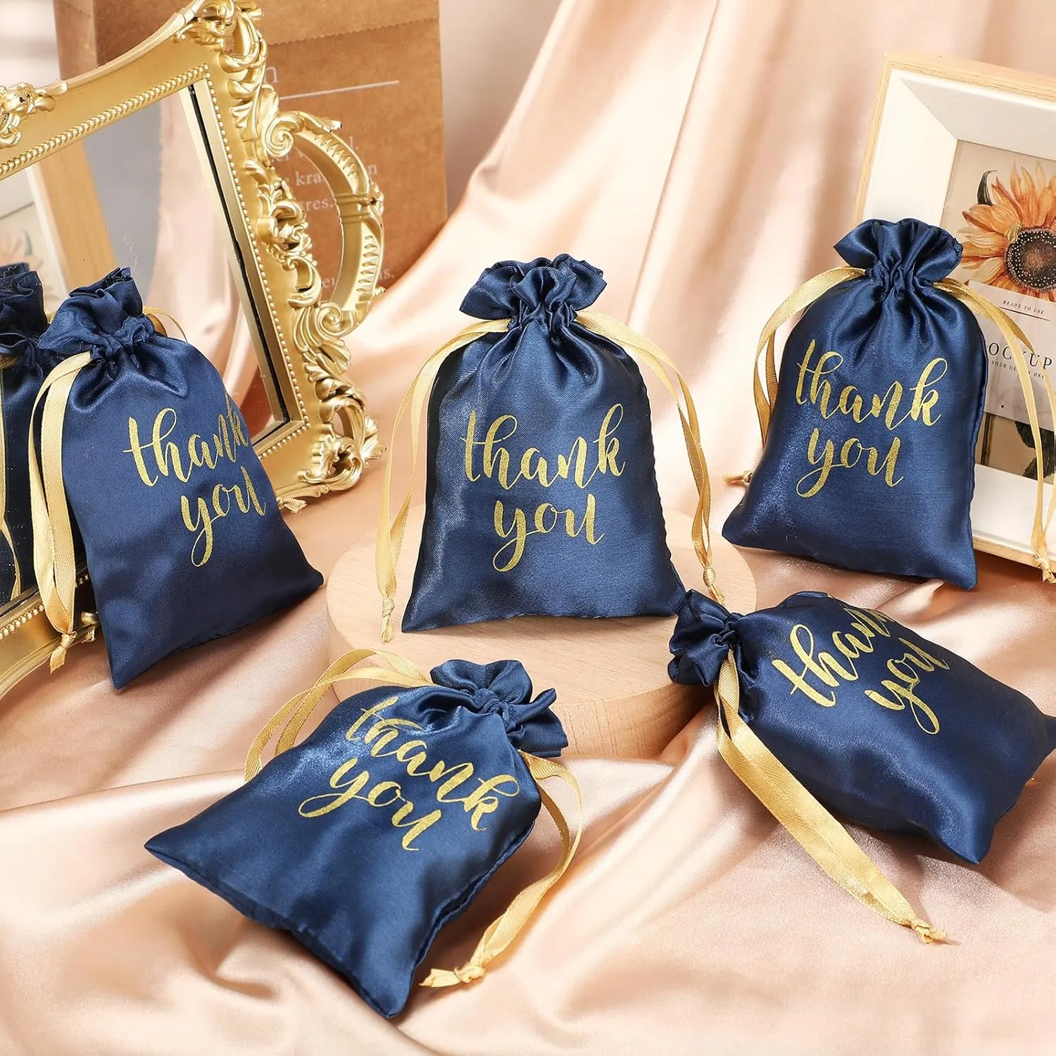 Roowest 100 Pcs Thank You Satin Gift Bags Drawstring Jewelry Candy Pouches for Wedding Bridal Shower Baby Shower Favor Drawstring Bag for Birthday Holiday Party(4 x 6 Inch,Navy Blue)