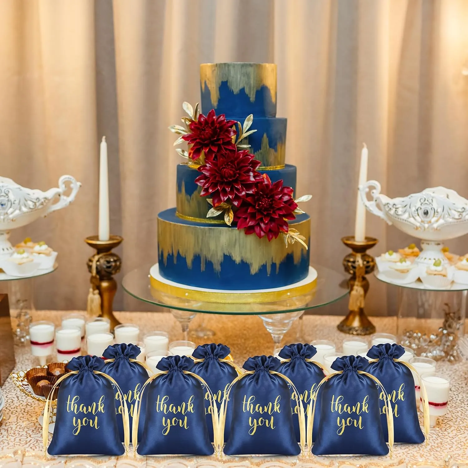 Roowest 100 Pcs Thank You Satin Gift Bags Drawstring Jewelry Candy Pouches for Wedding Bridal Shower Baby Shower Favor Drawstring Bag for Birthday Holiday Party(4 x 6 Inch,Navy Blue)