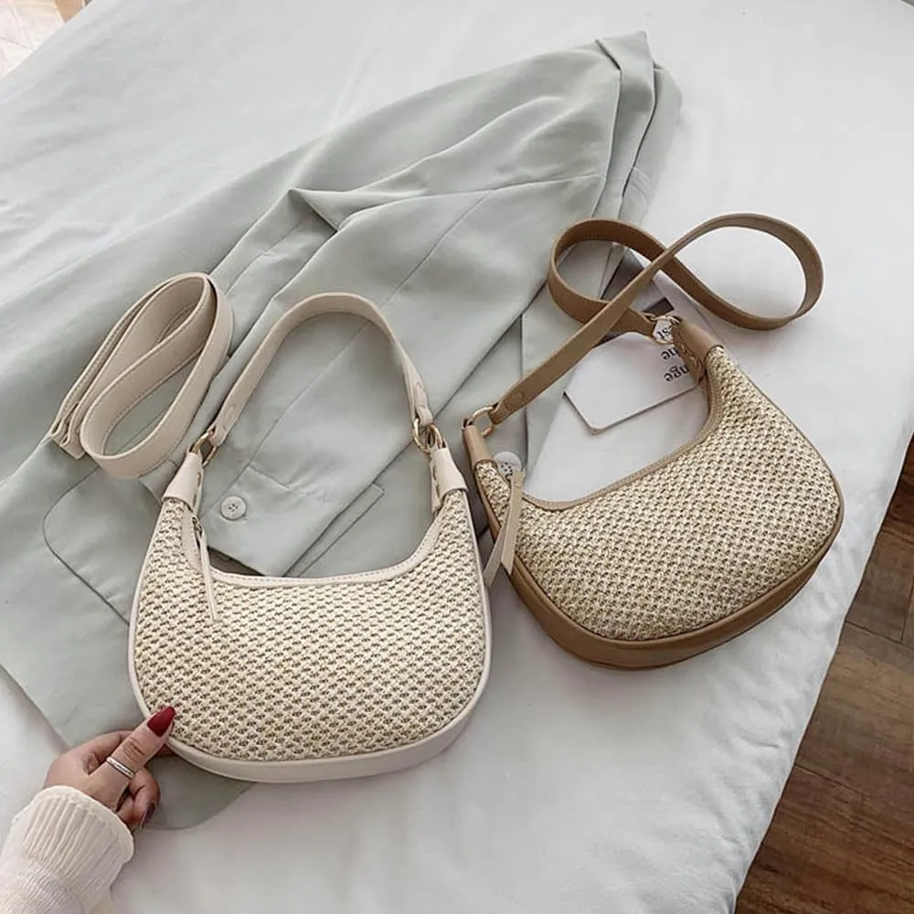 RTGGSEL Boho Summer Retro Women's Straw Rattan Beach Tote Bag Crossbody Shoulder Bags Hobo Underarm Handbag Straw Purse