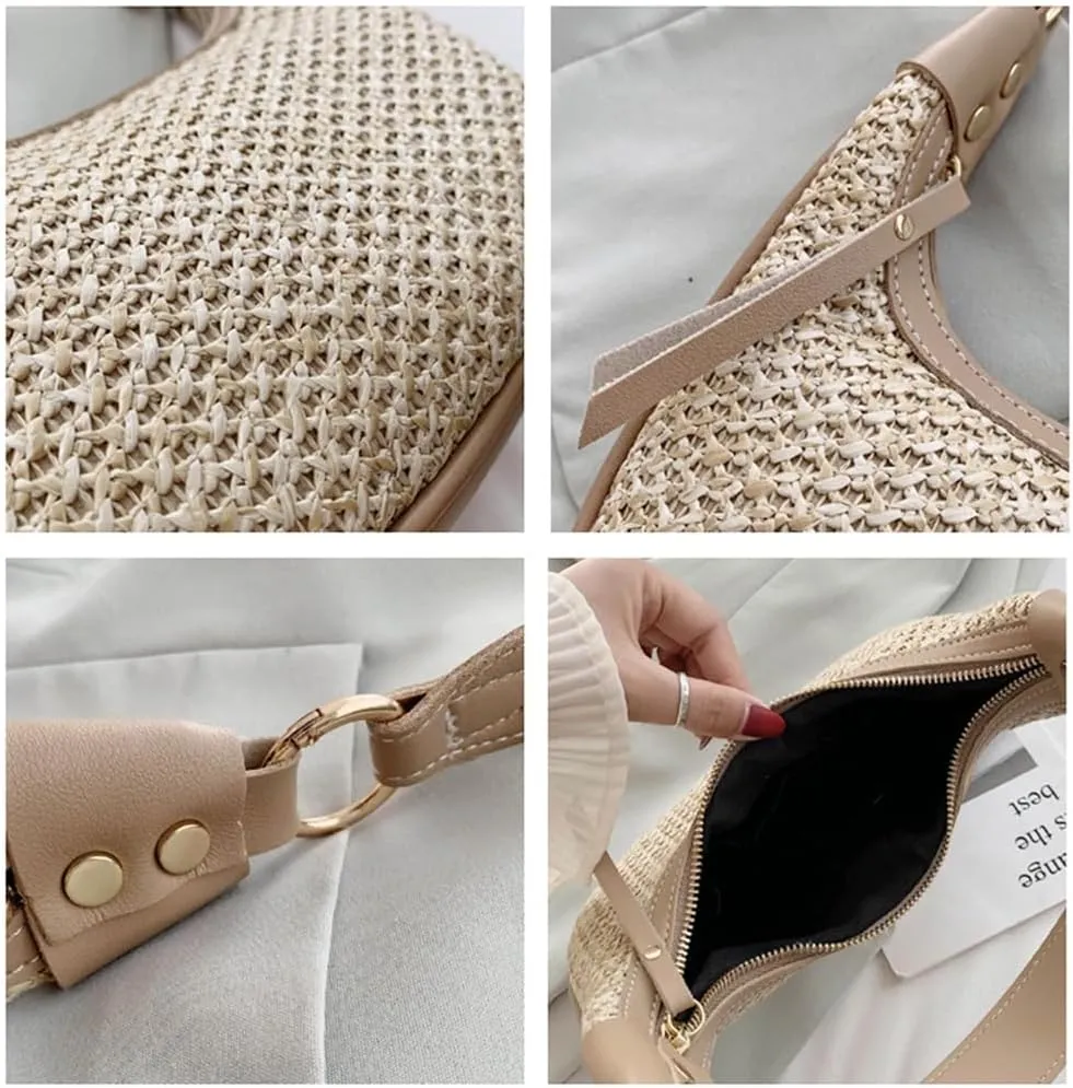 RTGGSEL Boho Summer Retro Women's Straw Rattan Beach Tote Bag Crossbody Shoulder Bags Hobo Underarm Handbag Straw Purse