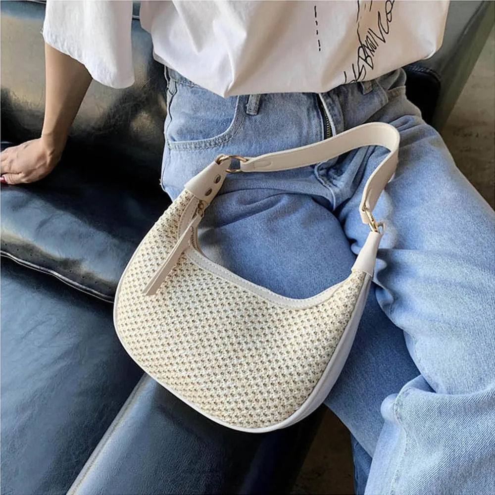 RTGGSEL Boho Summer Retro Women's Straw Rattan Beach Tote Bag Crossbody Shoulder Bags Hobo Underarm Handbag Straw Purse