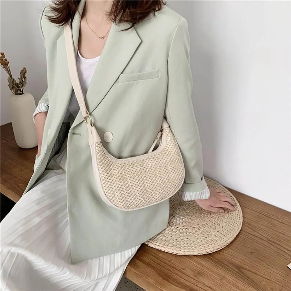 RTGGSEL Boho Summer Retro Women's Straw Rattan Beach Tote Bag Crossbody Shoulder Bags Hobo Underarm Handbag Straw Purse