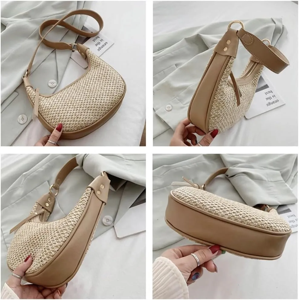 RTGGSEL Boho Summer Retro Women's Straw Rattan Beach Tote Bag Crossbody Shoulder Bags Hobo Underarm Handbag Straw Purse