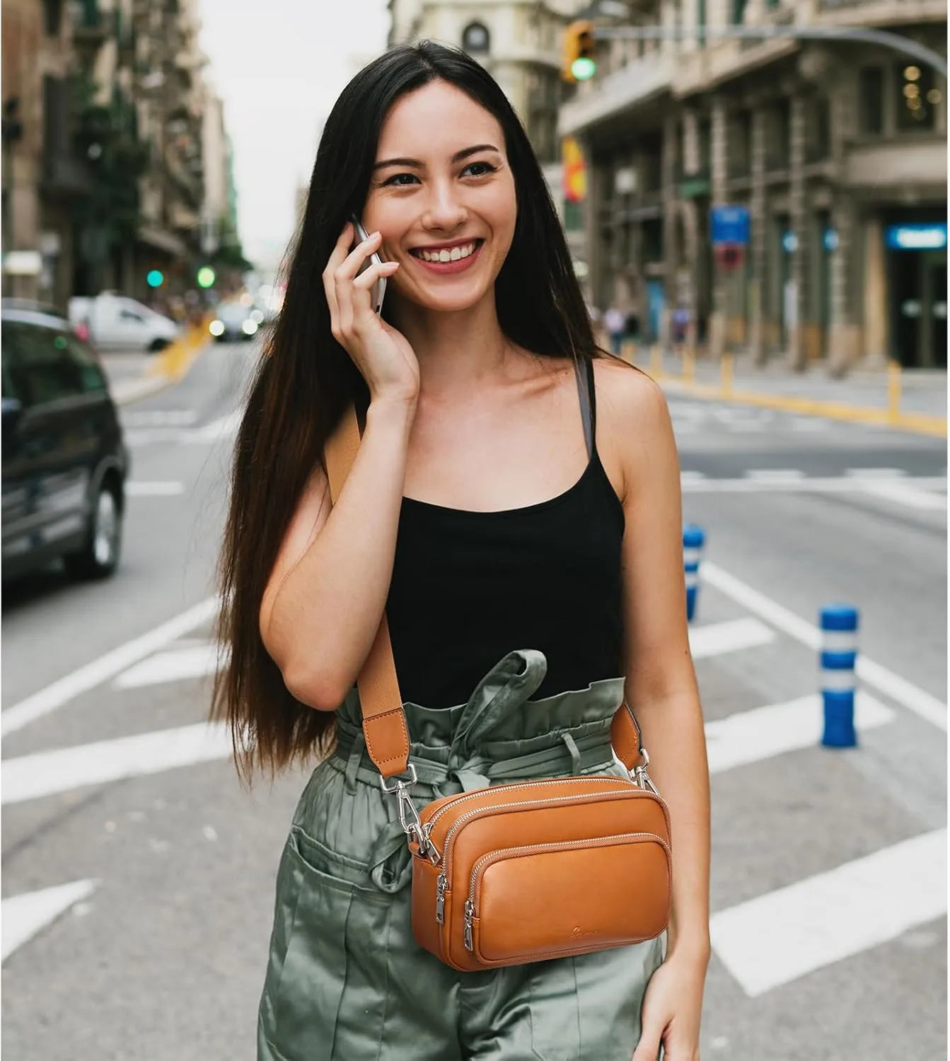 S-ZONE Genuine Leather Crossbody Bags for Women Trendy Small Purses Over the Shoulder Handbags with Wide Strap Card Slots