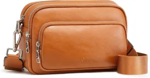 S-ZONE Genuine Leather Crossbody Bags for Women Trendy Small Purses Over the Shoulder Handbags with Wide Strap Card Slots