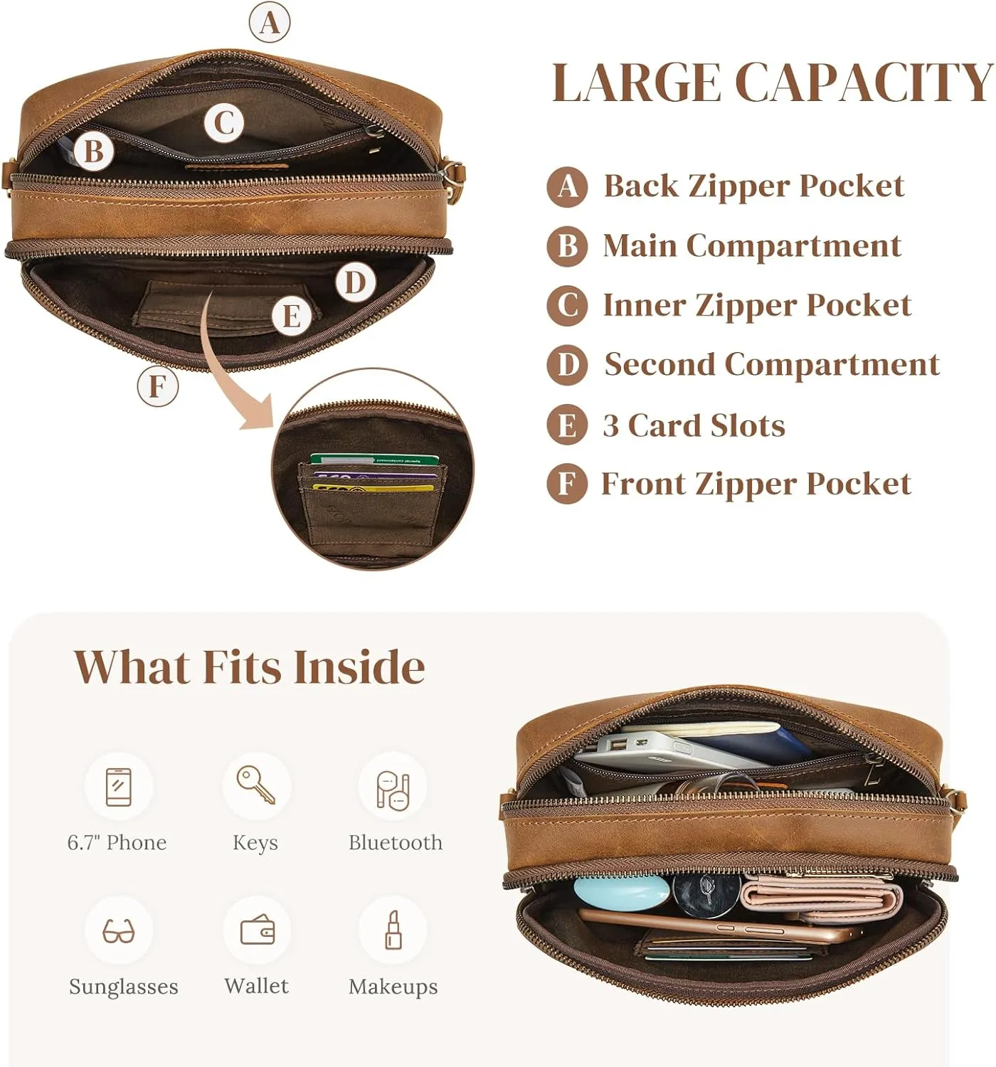 S-ZONE Top Grain Leather Crossbody Bags for Women RFID Blocking Shoulder Purses