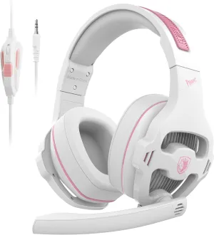 SA726 Stereo Gaming Headset for Xbox One PS4 PS5 Controller, Over Ear Headphone with Mic Noise Cancelling Headset for PC Xbox Series (White Pink)