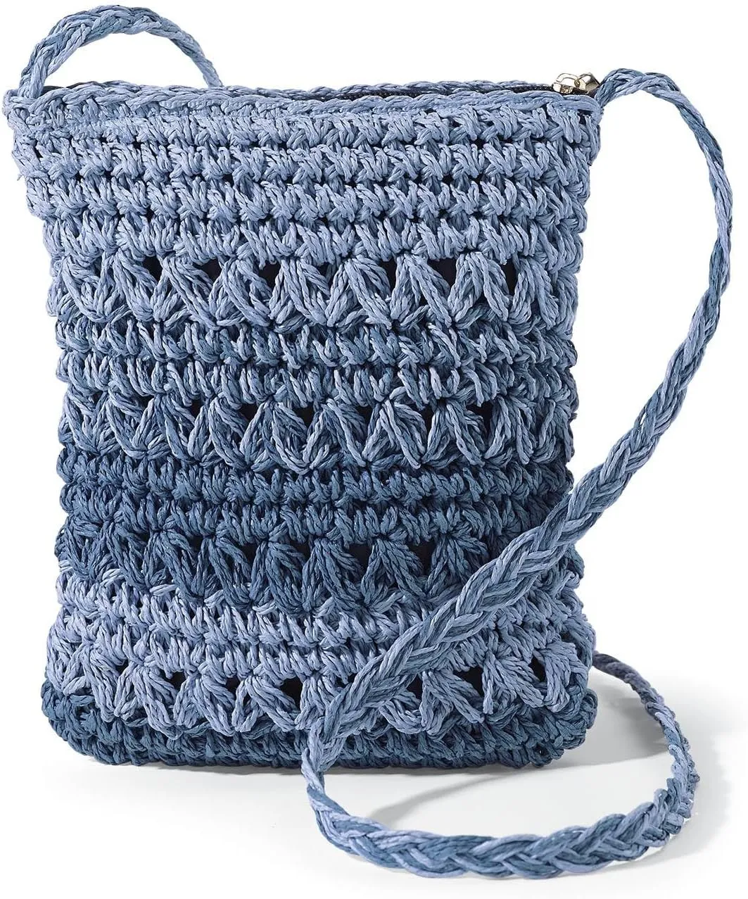SAGEFINDS Blue Straw Handbag for Women, Woven Crossbody Purse for Summer and Beach, Shoulder Bag with Top Zip Closure, 8 ½” x 9 ½”