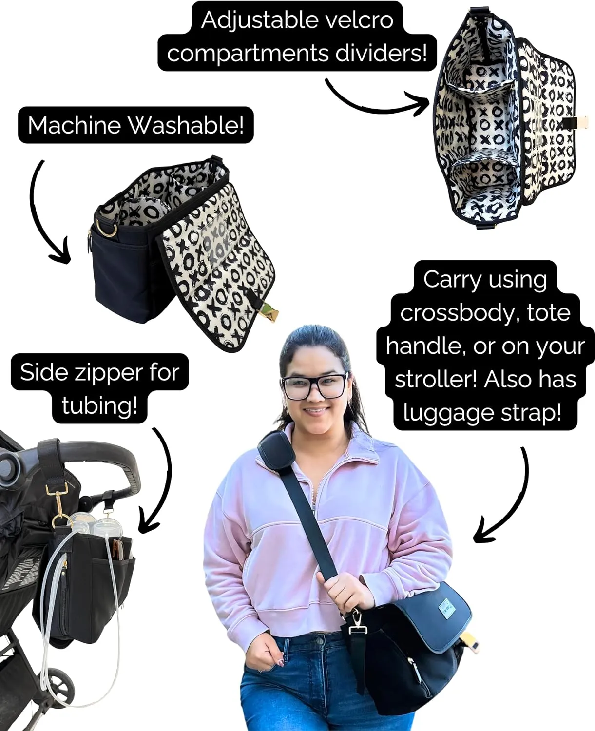 Sarah Wells Deluxe Stroller Caddy Organizer – Insulated, Machine-Washable Neoprene Bag with Crossbody Strap, Pockets & Luggage Sleeve (Black XOXO)