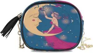 senya Crossbody Purse Small Crossbody Bags Shoulder Handbags Beautiful Poster in Art Nouveau Style with Party Woman and Moon in Starry Sky for Women