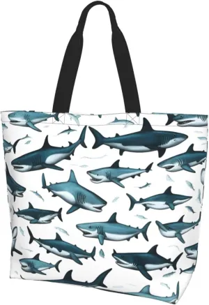 Shark Pattern with Various Gestures print Single shoulder shopping bag, reusable handbag,Fit for work and shopping