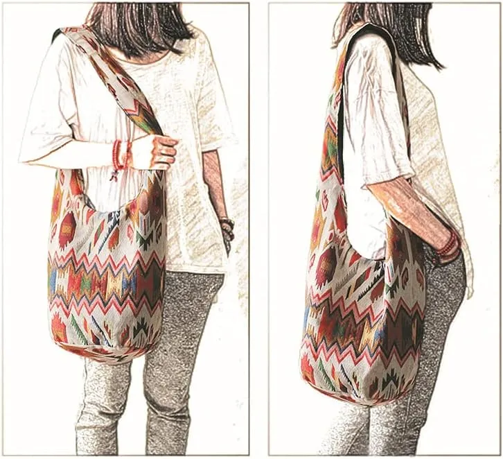 Shoulder Bag for women Hippie Crossbody Bag Bohemian Satchel Printed Cotton Linen Hobo Bag Purse