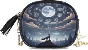Sign Night Blue Wolf Crossbody Bags for Women Small Purses Leather Purse Handbags Crossbody Bag with Detachable Chain Clutch Purses Cell Phone Purse Evening Bag