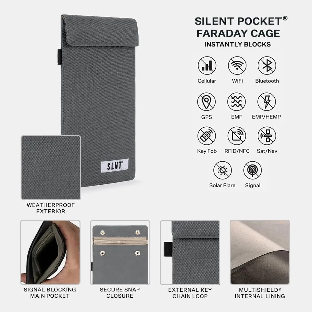 Silent Pocket Faraday Cage Key Fob Holder, Charcoal Grey, 4.3" x 3.5"