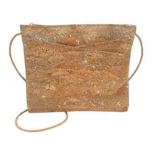 Silver Splash Cork Large Zip Top Cross Body Bag, Handmade Cork Crossbody Bag with Adjustable Strap and Criss Cross Pockets