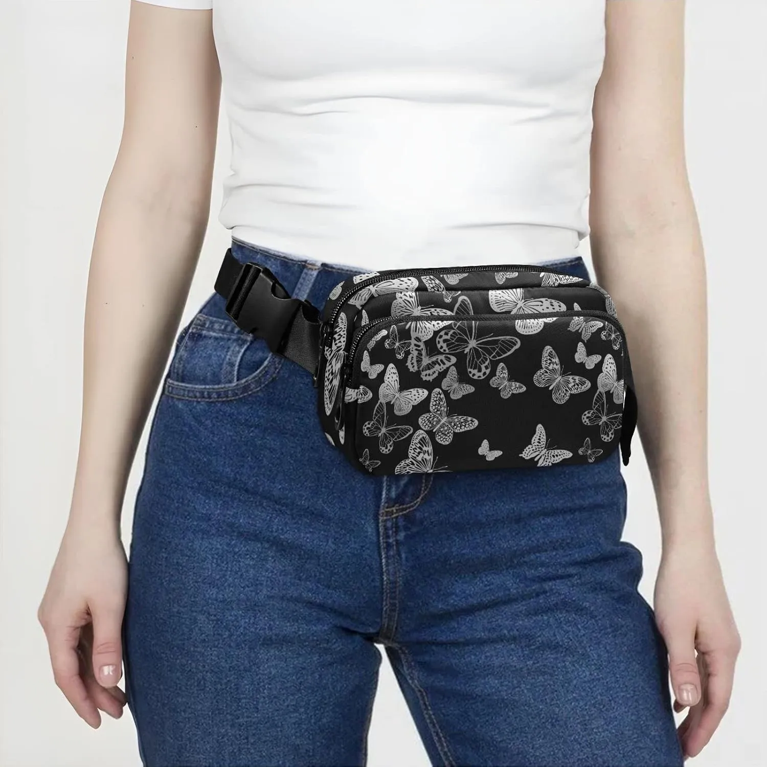 Silver White Flying Butterflies Luxury Gold Foil Butterfly Adjustable Belt Running Bag, Crossbody Fanny Pack Waist Runners Bag Tote for Women Men Sports Hiking Fitness Exercise Gym Pouch