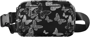 Silver White Flying Butterflies Luxury Gold Foil Butterfly Adjustable Belt Running Bag, Crossbody Fanny Pack Waist Runners Bag Tote for Women Men Sports Hiking Fitness Exercise Gym Pouch